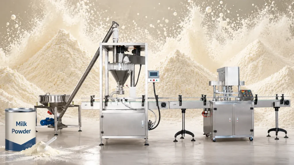 A fully automatic milk powder filling machine line for metal tins and cans, showing can feeding, filling, spoon dropping, and capping sections.