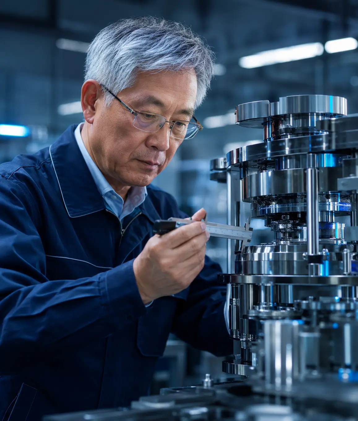 Senior EIXPACK engineer inspecting a stainless steel packaging machine in a cleanroom