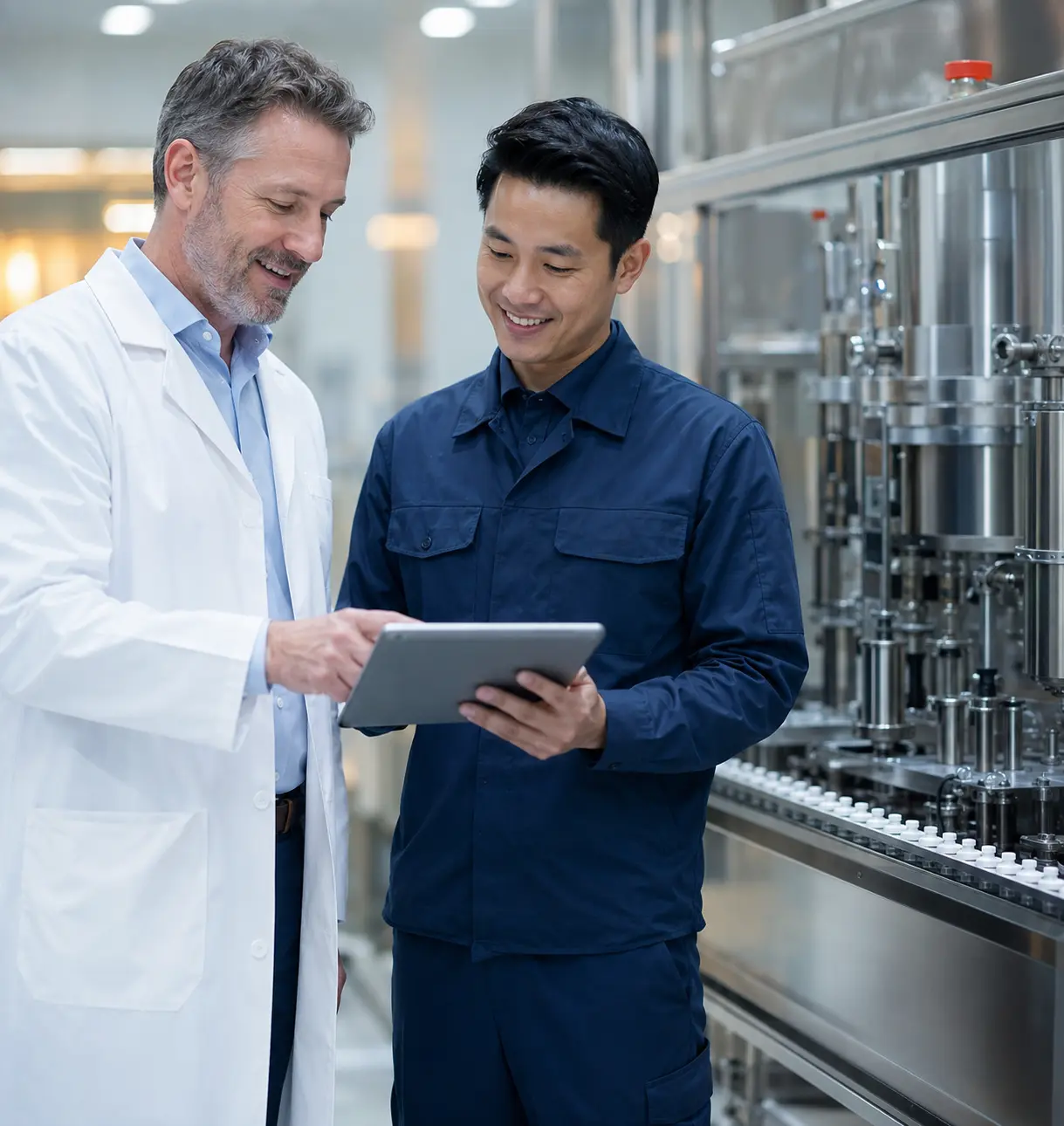 Plant manager and EIXPACK engineer reviewing packaging machine performance in a cGMP facility