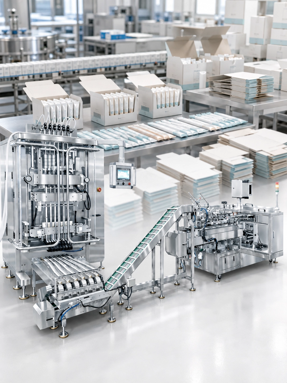 Integrated cartoning machine systems combining primary stick packs with turnkey secondary packaging lines by EIXPACK.