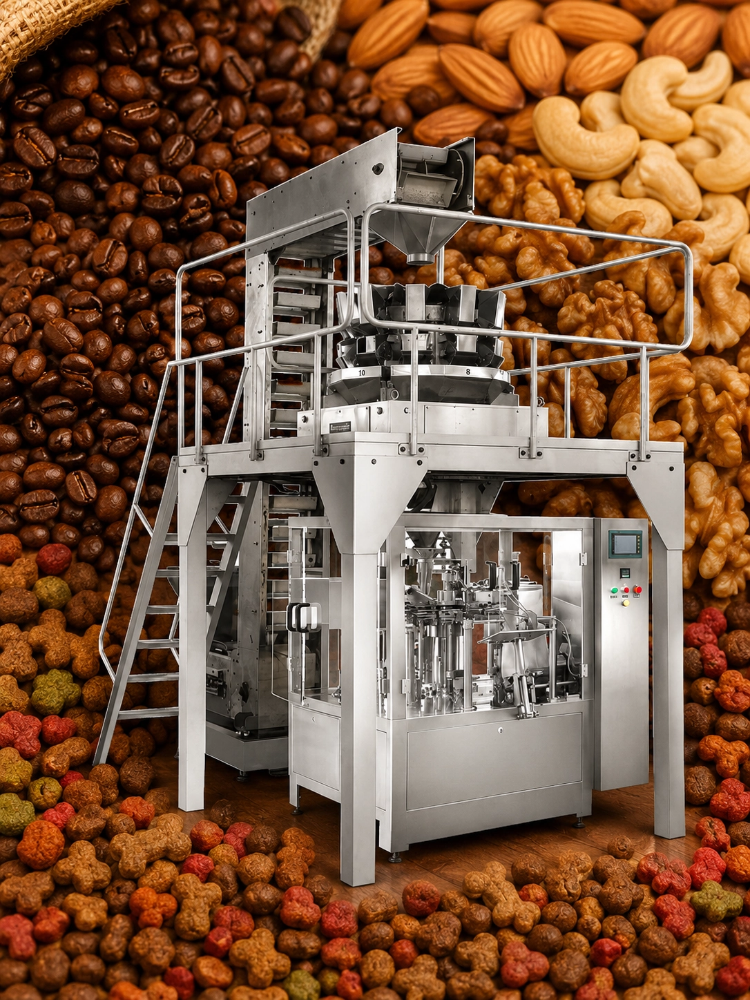 Automatic rotary premade pouch packing machine handling coffee beans and granular supplements by EIXPACK.