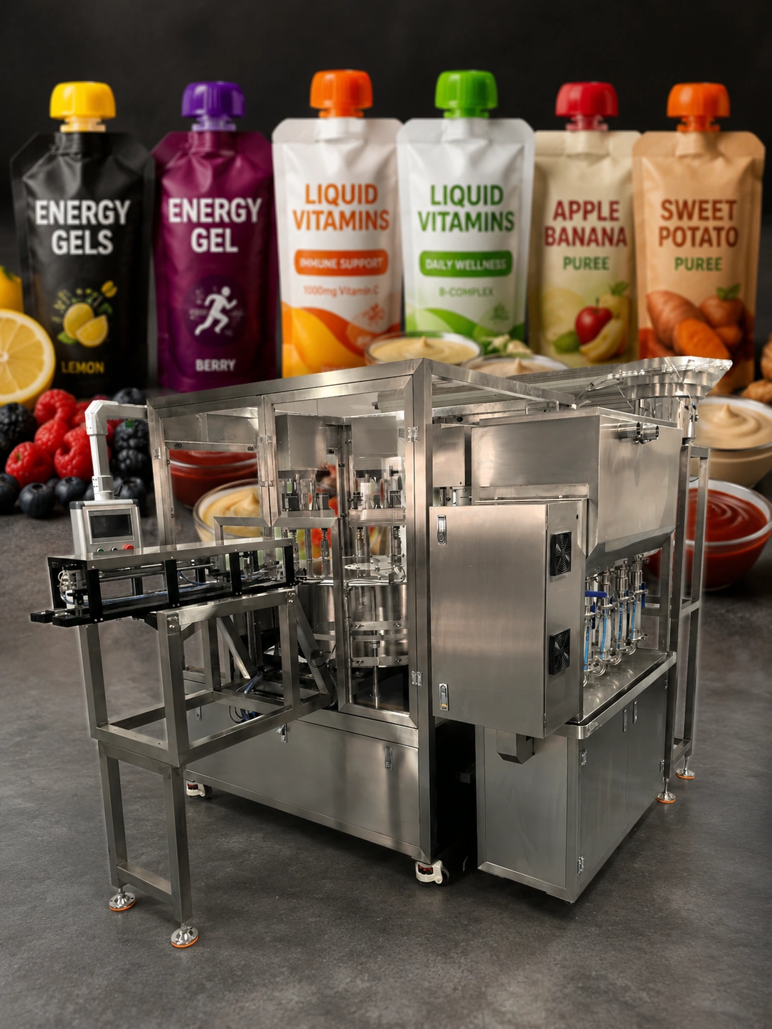 Automatic spout pouch filling machine with anti-drip nozzles for liquid gels by EIXPACK.