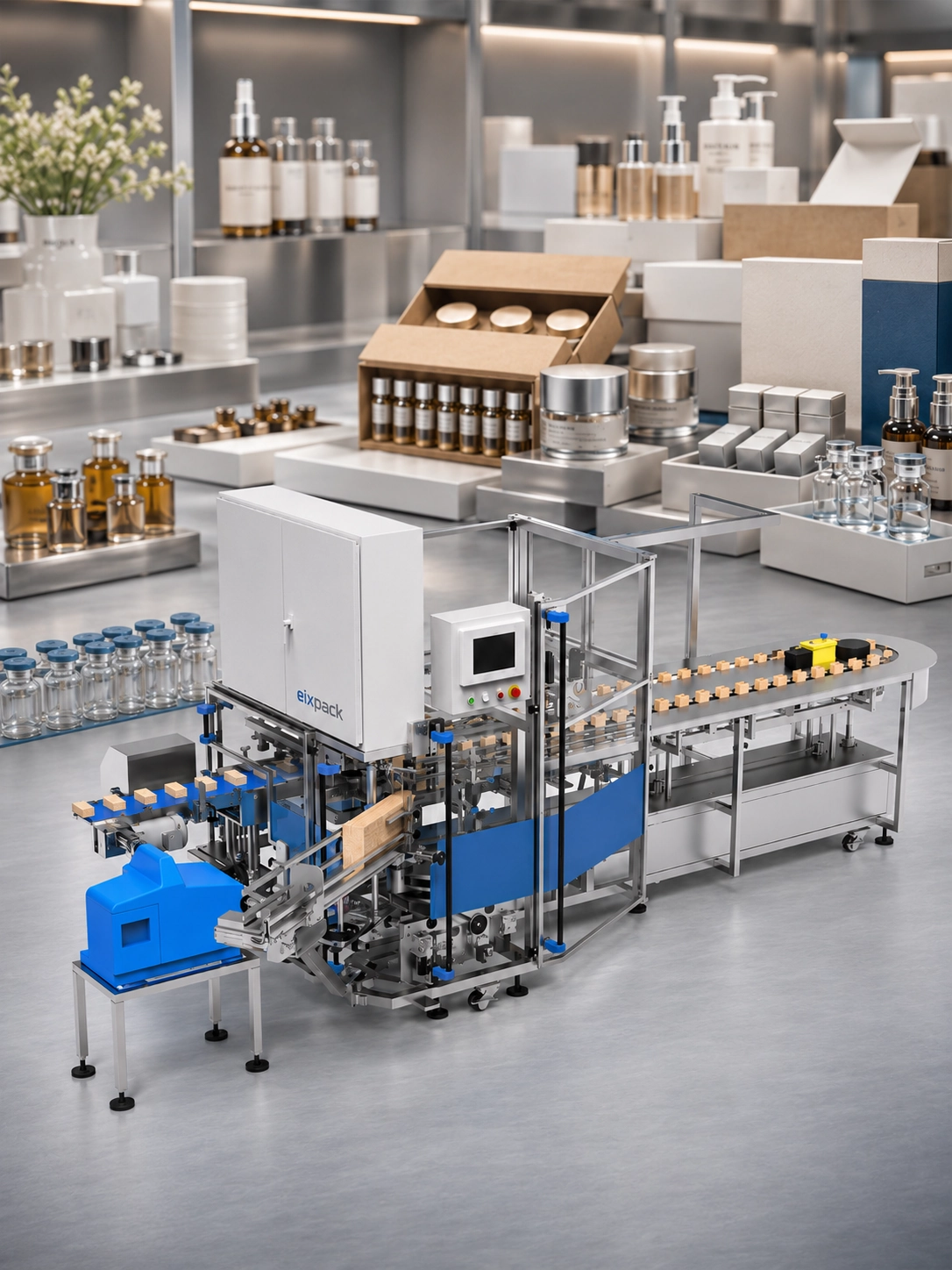 Precision vertical cartoning machine with delta-robot pick-and-place for glass vials by EIXPACK.