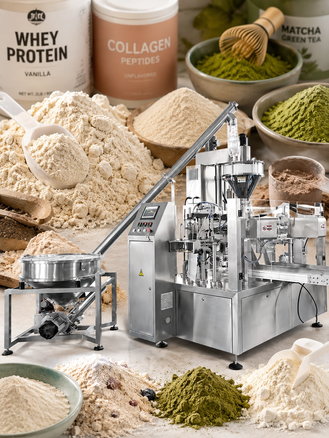Automatic zipper pouch packing machine with active dust extraction for protein powders by EIXPACK.