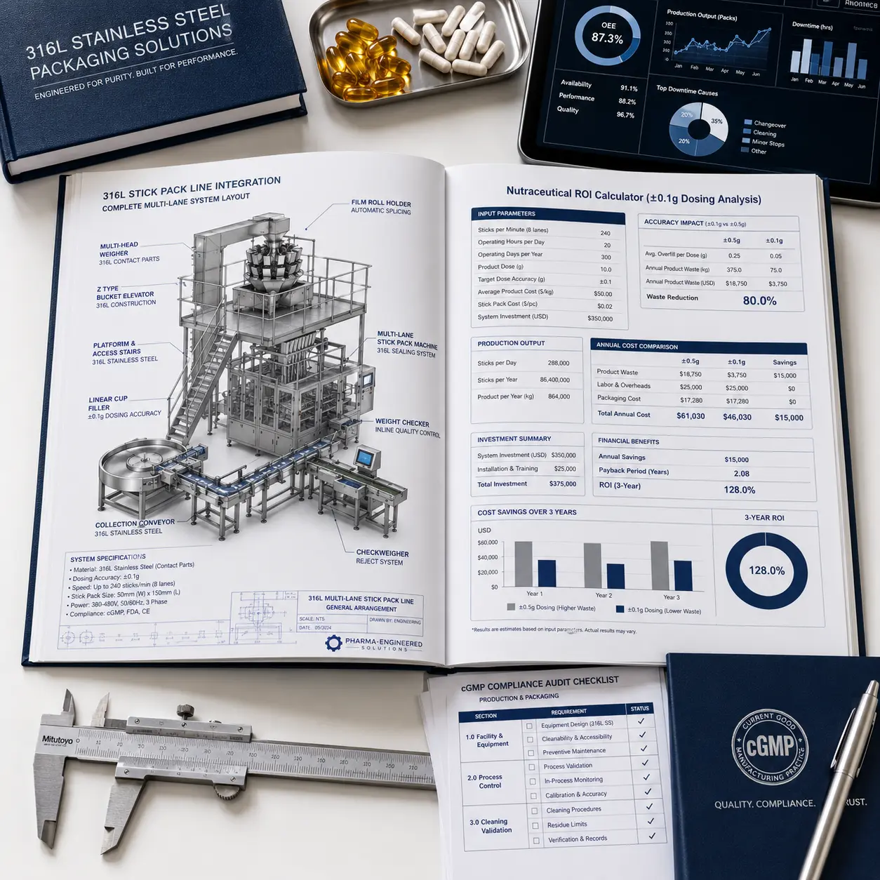 Open EIXPACK buyer's guidebook displaying a multilane packaging line CAD layout and an ROI calculator for ±0.1g dosing accuracy.