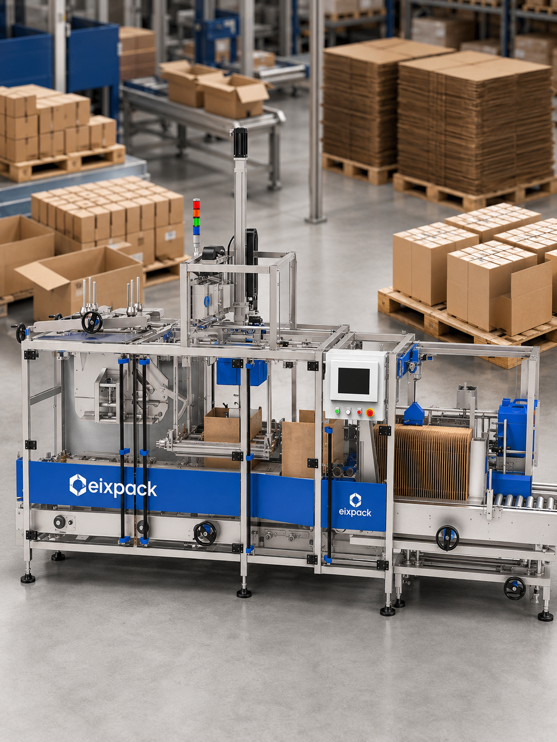 Automatic case packer machine with heavy-duty servo manipulators for corrugated cases by EIXPACK.