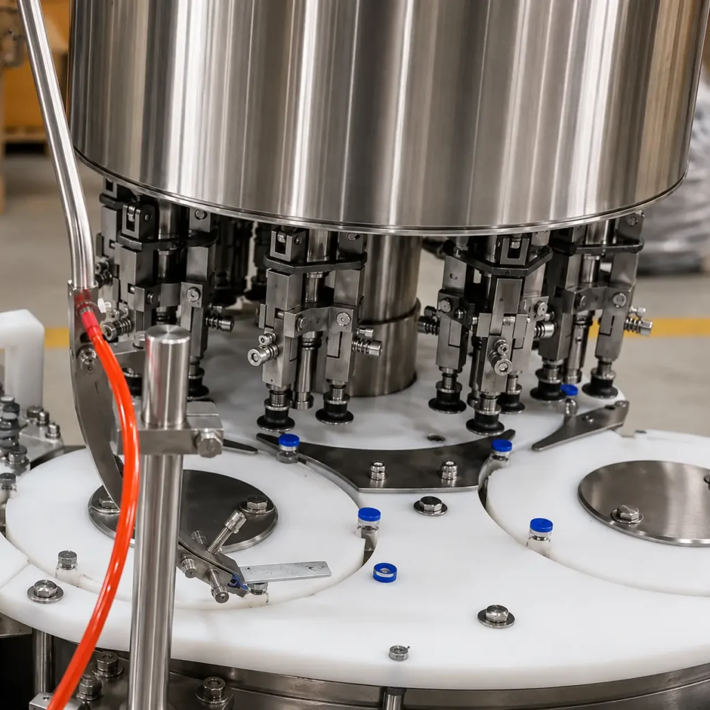 Automatic stoppering and crimping on vial filling machine