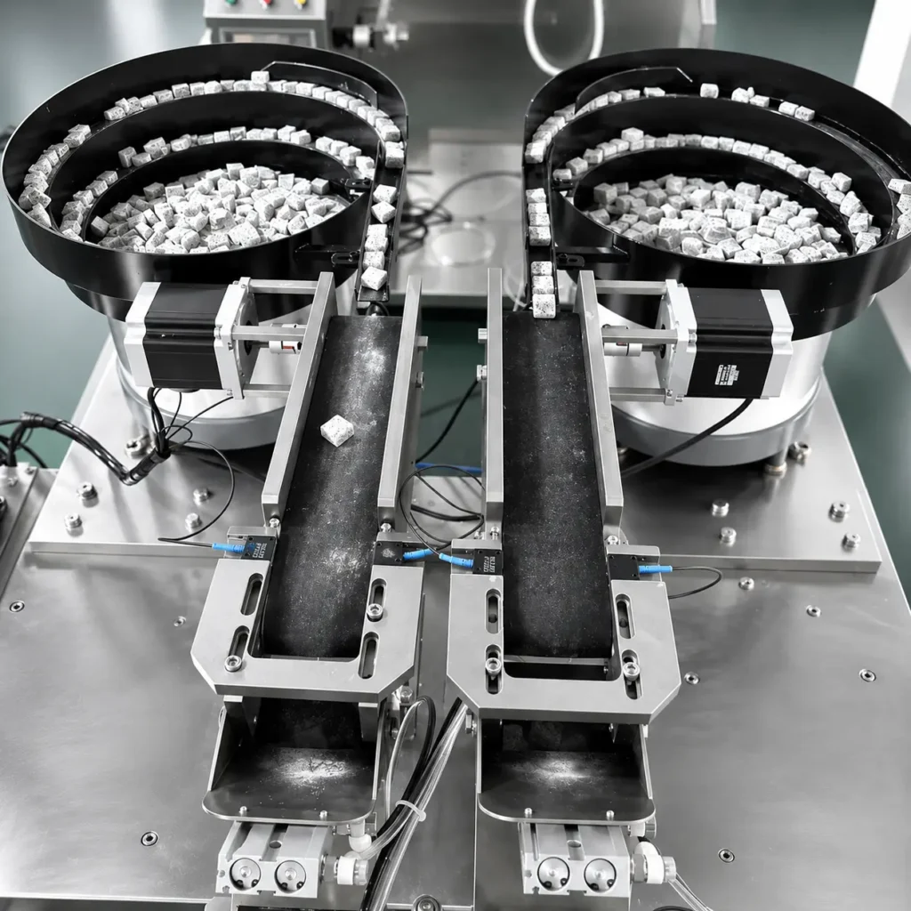 Vibratory bowl counting feeder for candy on doypack packaging machines