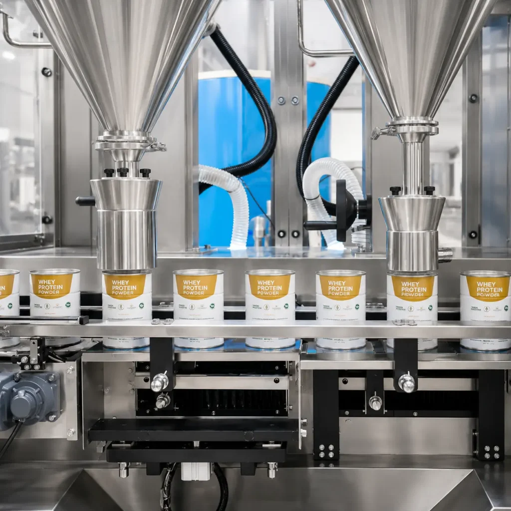 Dual auger filling with real-time weighing feedback on powder filling machine