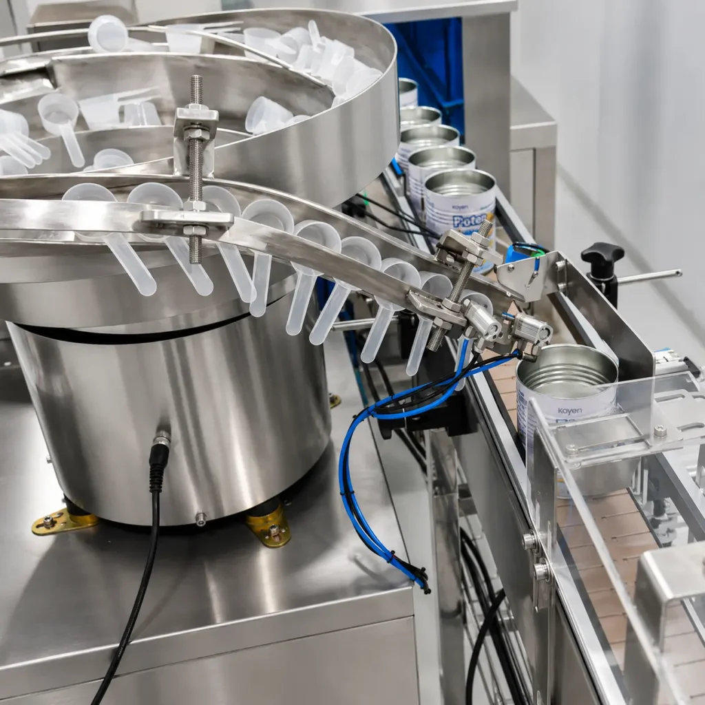 Automatic scoop feeding station on protein powder filling machine