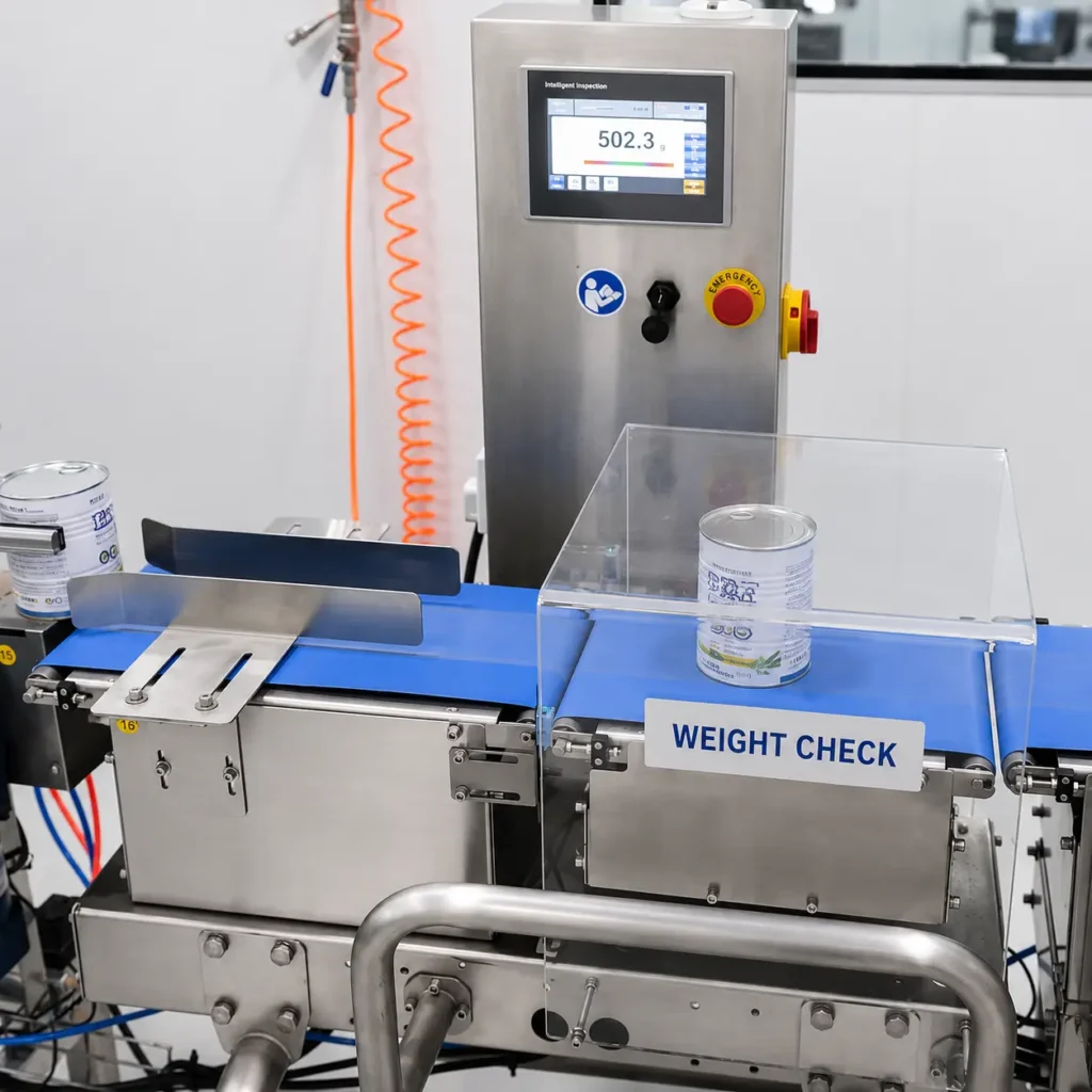 Inline checkweigher with automatic rejection for powder filling machine
