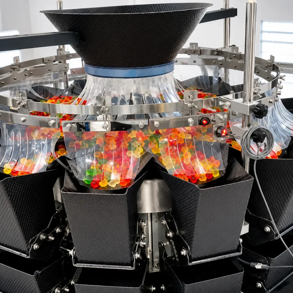 Teflon-coated dimpled buckets on gummy granule filling machine