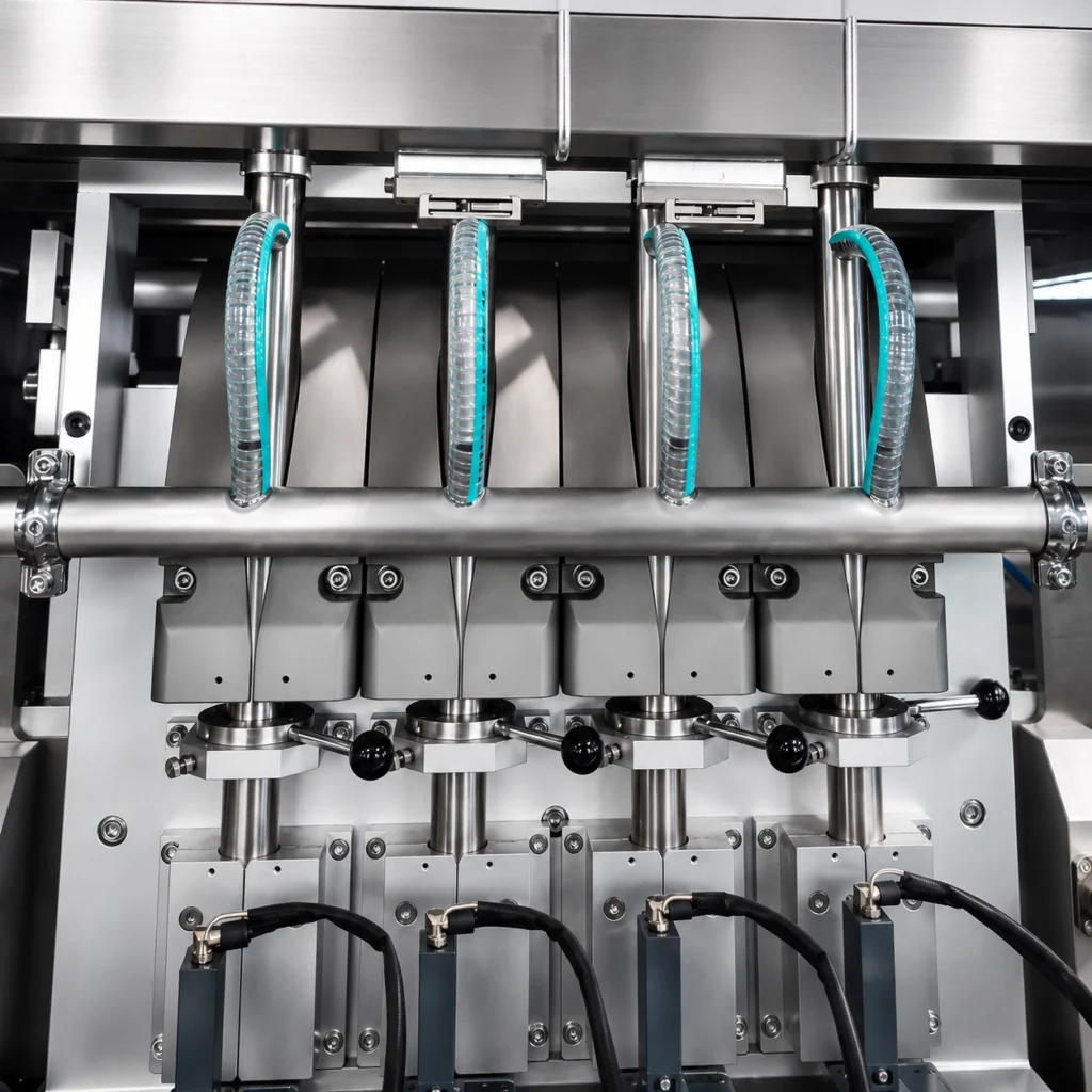 Cast aluminum forming tubes of a multi-lane powder stick pack machine preventing film wrinkles