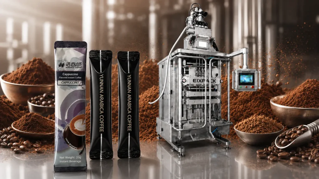 Coffee stick pack packaging machine for 3-in-1 instant coffee mix
