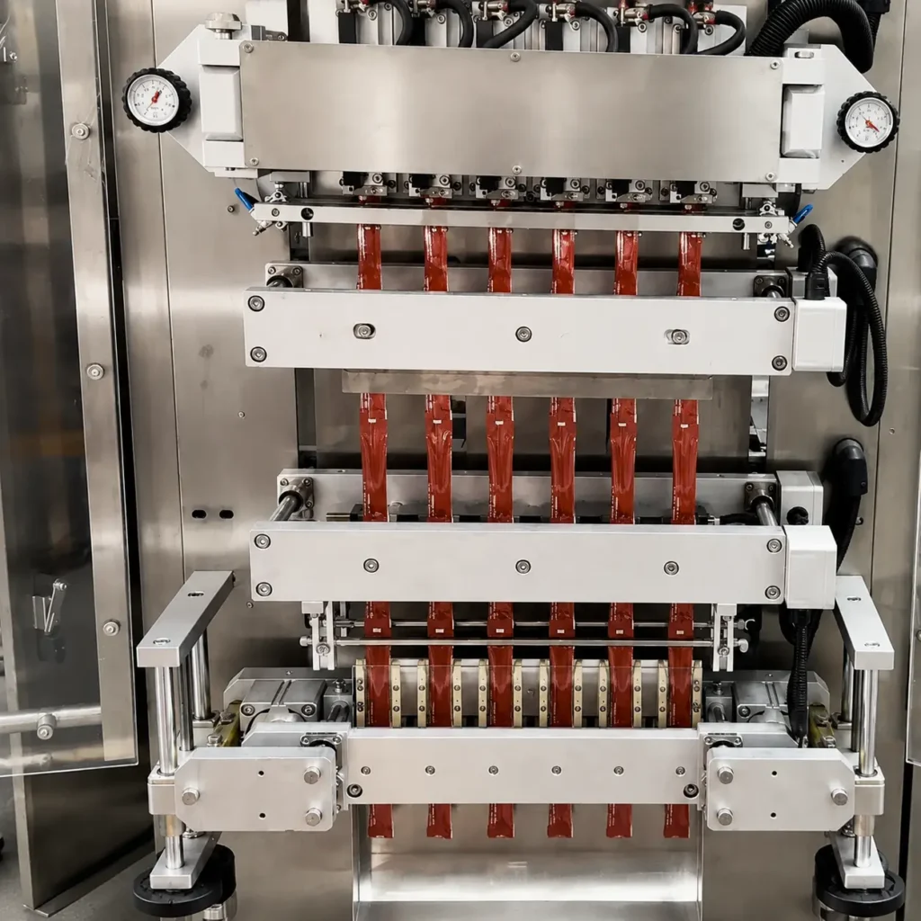 Robust dual sealing station with dust extraction for sachet sugar granule stick packing machine