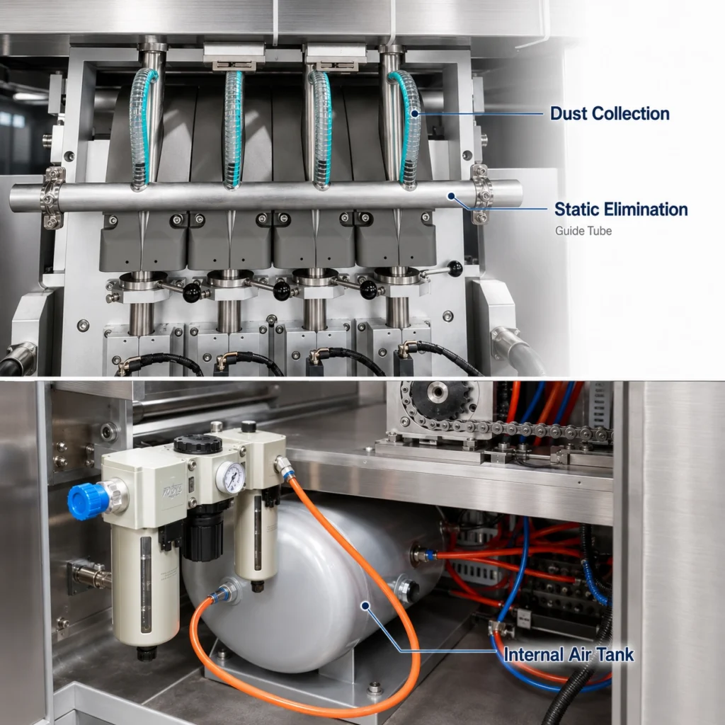 Dust collection and built-in air tank on a paracetamol powder stick pack packaging machine