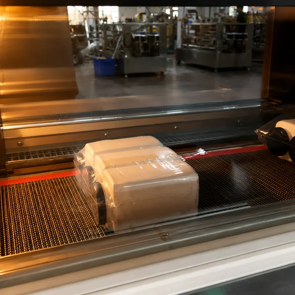 Heat shrink tunnel for sleeve labels on granule filling machine line