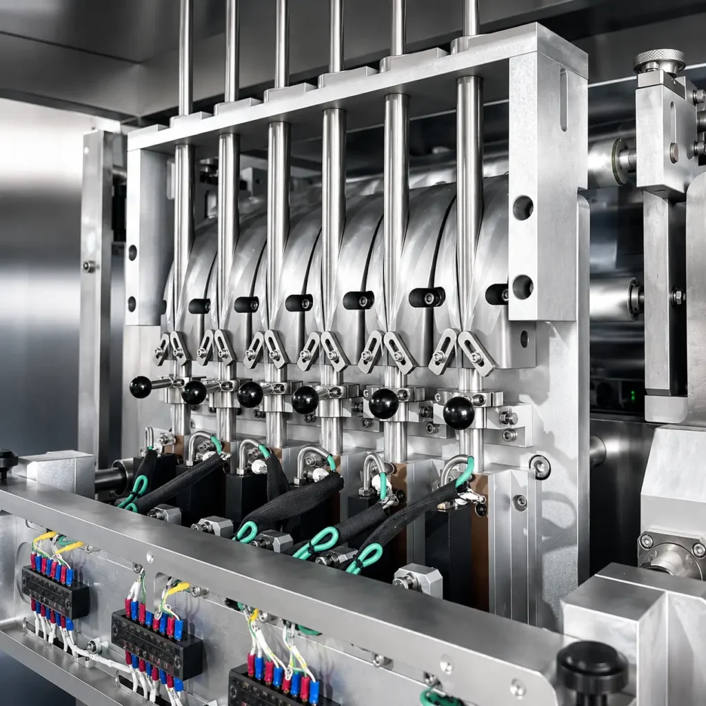One-piece cast aluminum forming tubes on stick liquid pack machine
