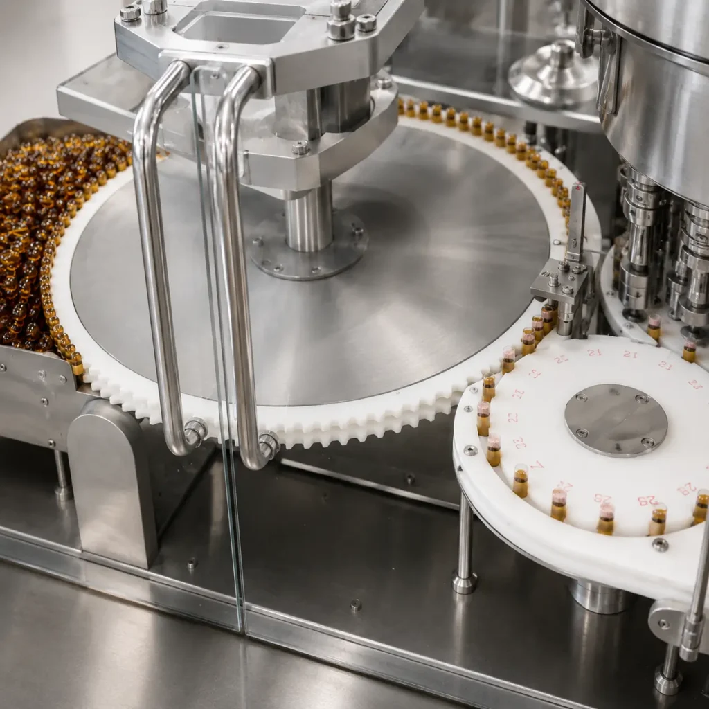 Servo star-wheel transport on pharmaceutical vial filling machine