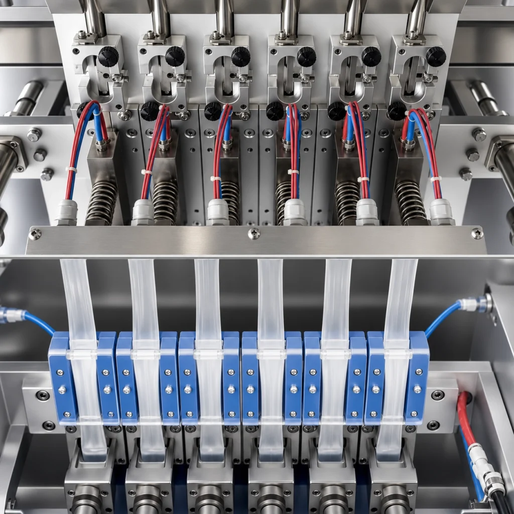 Independent cutting knives on an ibuprofen powder stick pack packaging machine for easy maintenance
