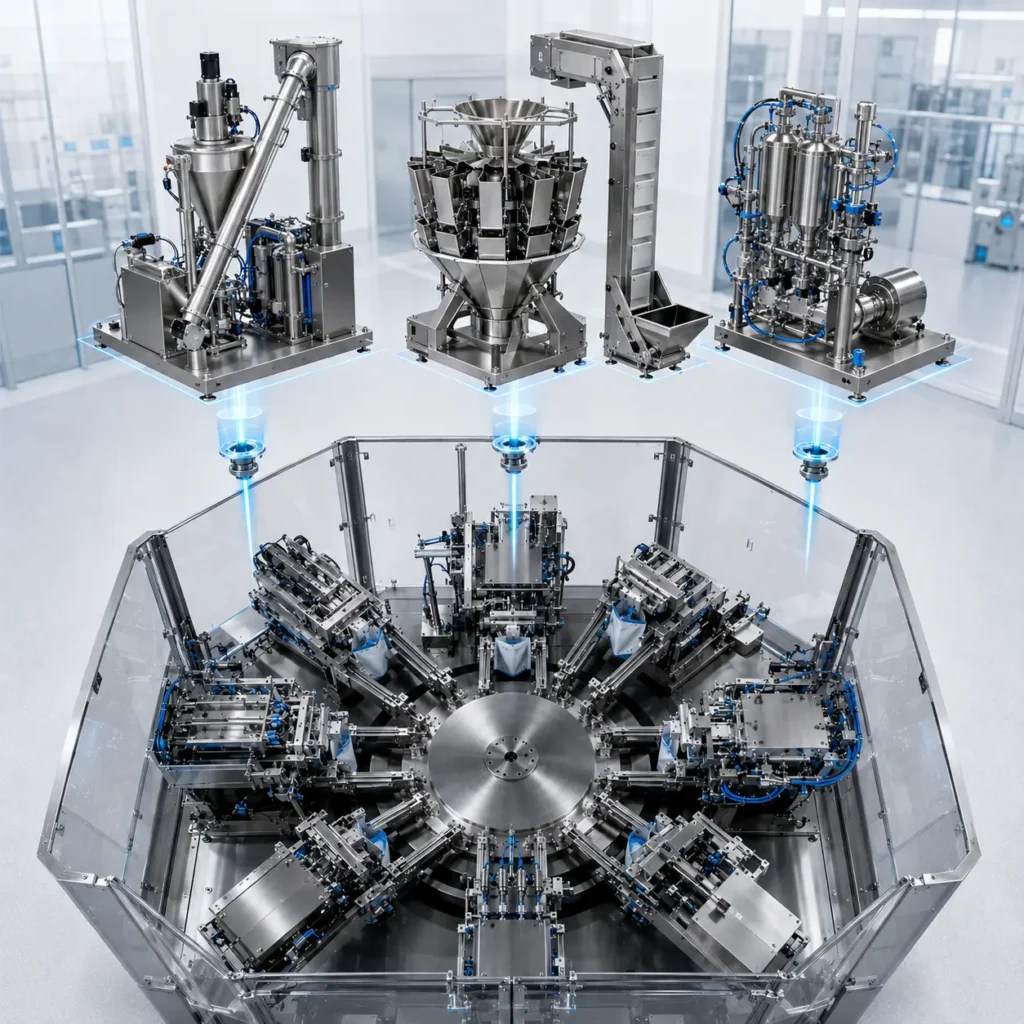Modular filling systems for rotary premade pouch packing machine