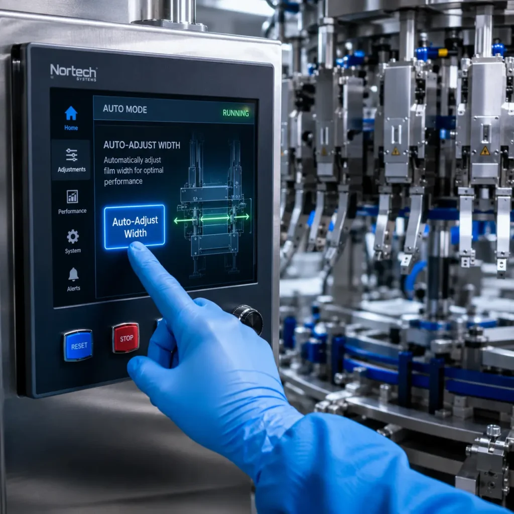 One-touch motorized gripper adjustment on rotary premade pouch packing machine