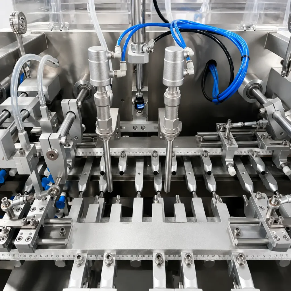 Motorized track adjustment touchscreen on doypack packaging machines