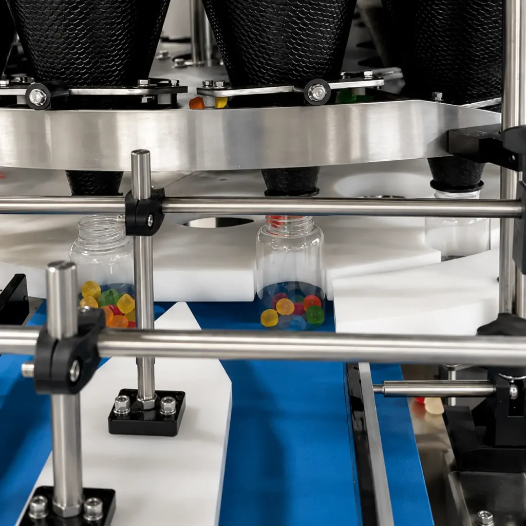 Star-wheel indexing system on candy granule filling machine