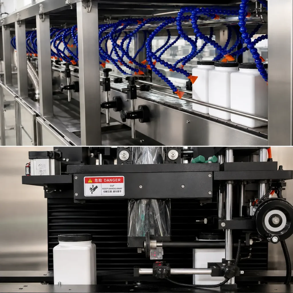 Air shower and sleeve labeling system on vitamin bottling line