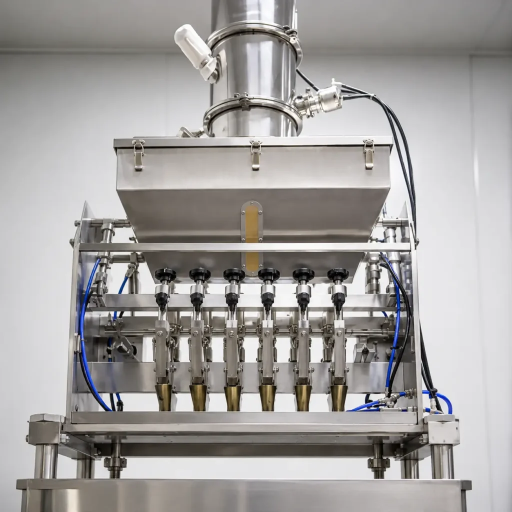 Gentle swing head filling system on Eixpack stick granule packing machine preventing coffee granule breakage
