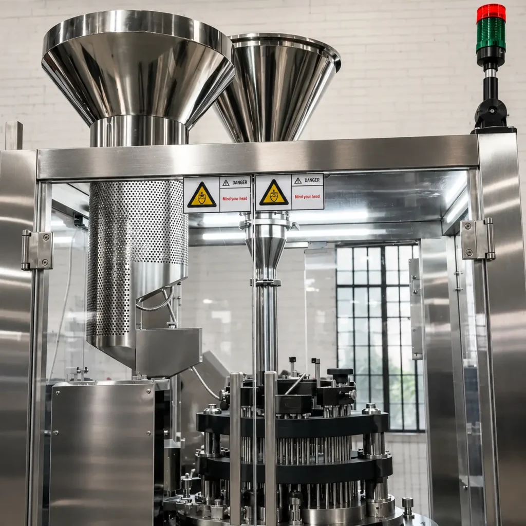 Modular filling stations on commercial capsule filling machine