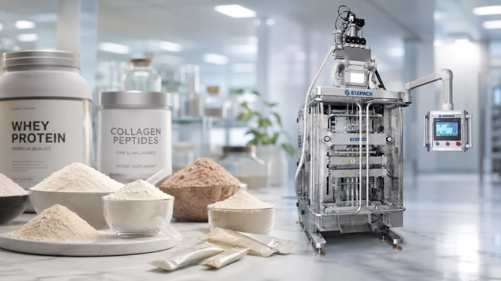 Eixpack high-speed nutritional powder stick pack machine operating in a clean GMP pharmaceutical facility.