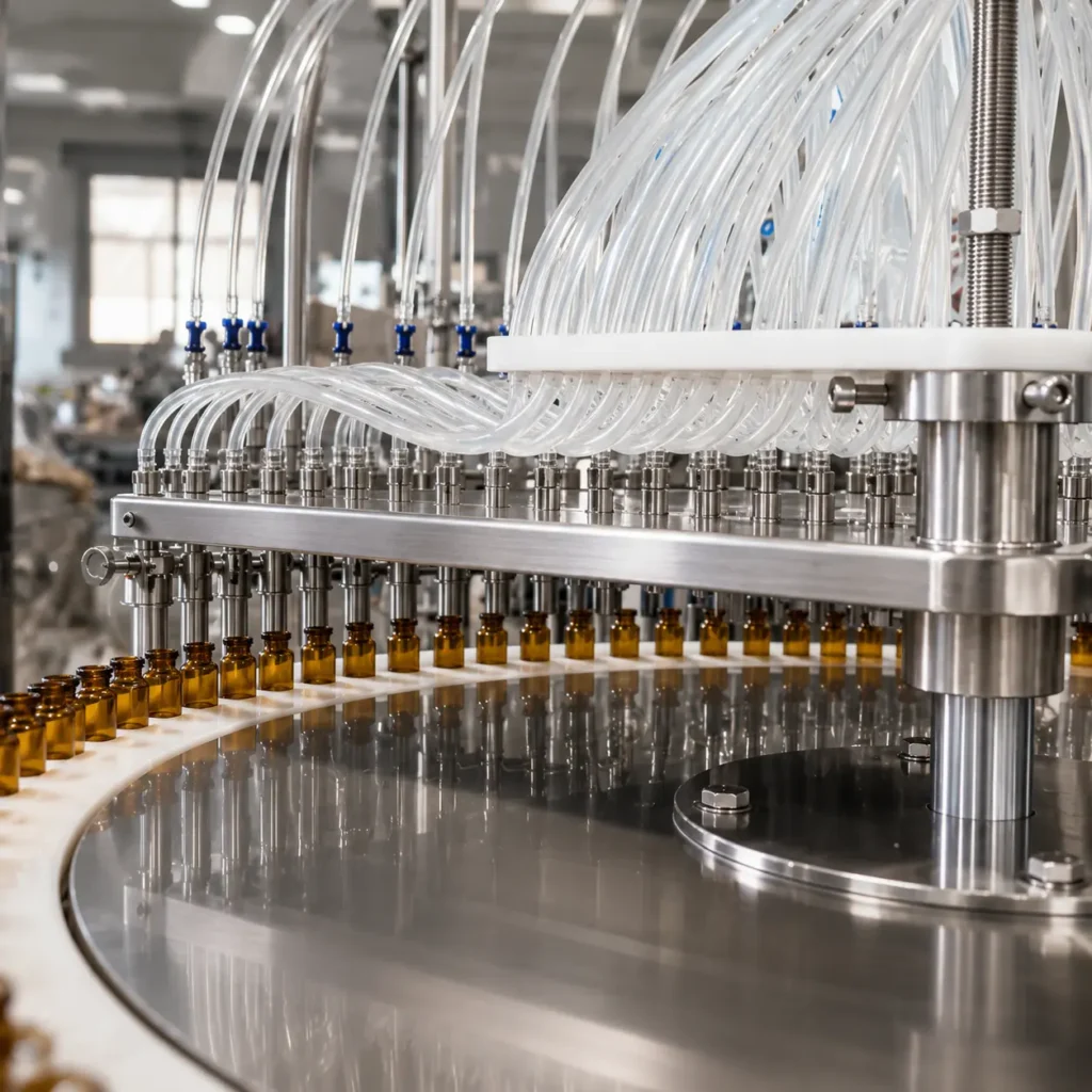 Ceramic pump diving nozzles on liquid vial filling machine