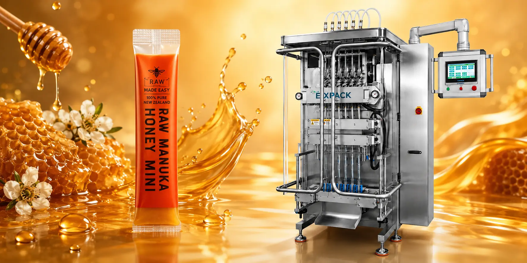 Liquid food supplement stick pack packaging machines for Mānuka honey in New Zealand