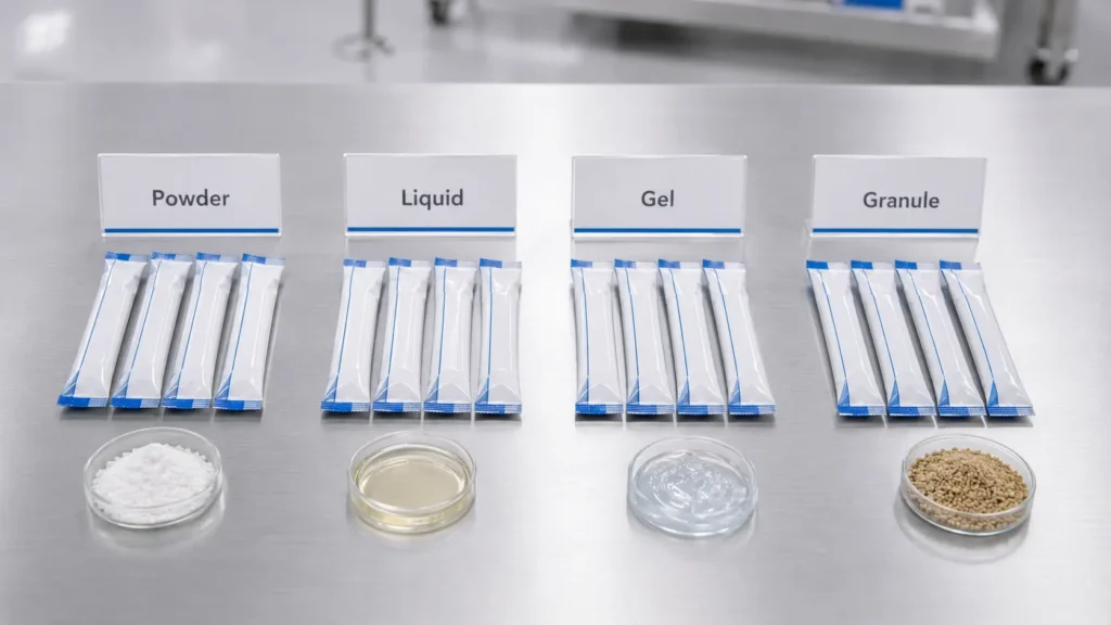 Stick pack samples for powder liquid gel and granule pharmaceutical applications