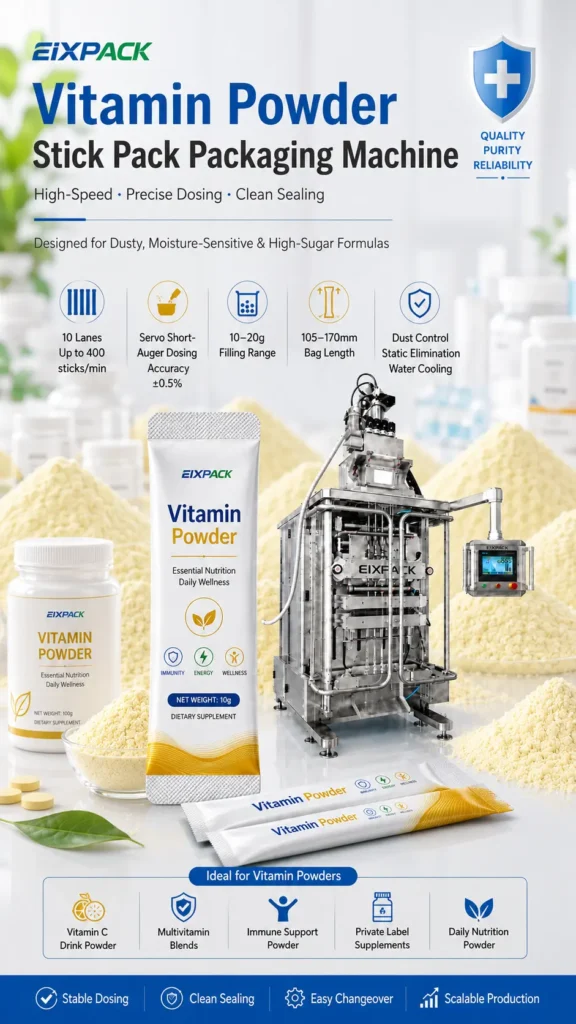 Vitamin powder stick pack packaging machine with 10-lane auger dosing system