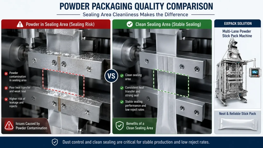 Dust control and clean sealing area for powder stick pack packaging