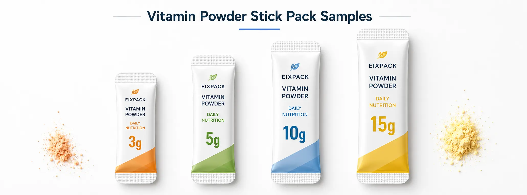 Vitamin powder stick pack samples in 3g 5g 10g and 15g sizes
