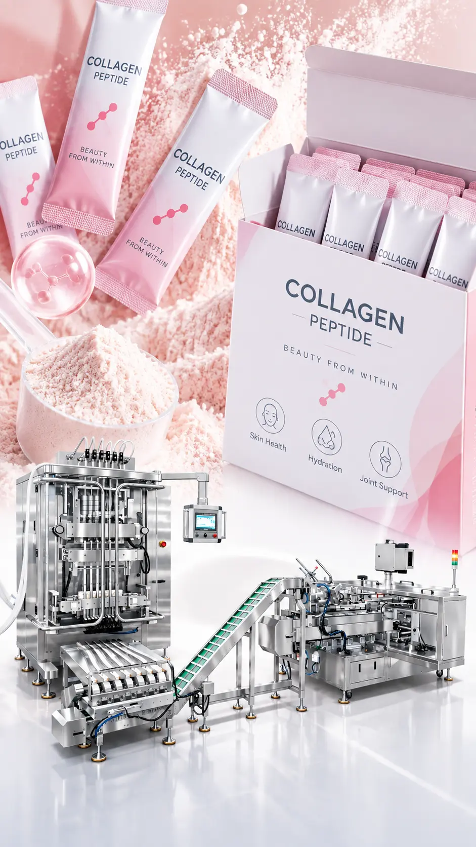 automated powder stick pack and cartoning line for nutraceutical production