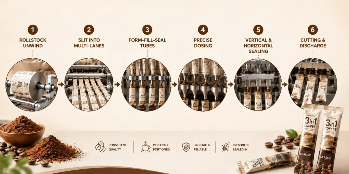 Coffee stick pack machine with auger filling system for 15 to 60 g packs