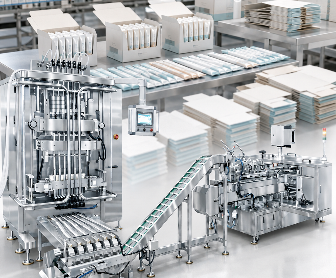 Stick liquid pack machine connected to stick cartoning system with CIP cleaning